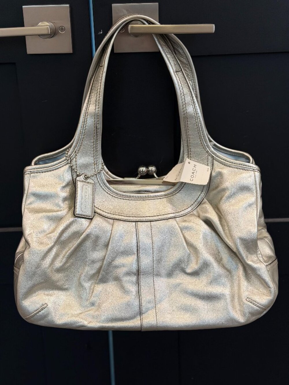 Coach Ergo Leather Pleated Kisslock RARE Metallic Silver Bag 12831